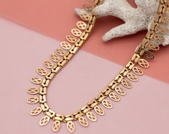 18K Rose Gold Drapery Necklace – French Feather Leaf Links, Vintage Cleopatra Collar - *US Tariffs Included in price*