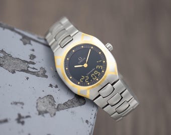 Vintage 1990 Omega Seamaster Polaris | Luxury Swiss Made Men's Ana-Digi Quartz Watch | 18k Solid Gold Inlay | Full Set