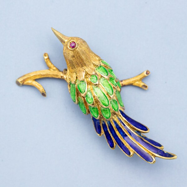 Heavy 18k bird Brooch - solid 18 K yellow gold animal brooch - ruby and colourful enamel - Vintage estate handmade collar brooch - 8,4 grams