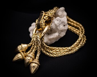 18 karat solid gold Bracelet with acorn Tassels – Multi Strand Chain Jewelry for Her - circa 1950 - 115 gr - *US Tariffs Included in price*