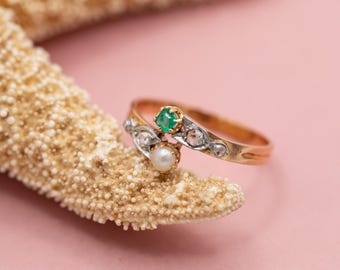 French Antique Edwardian Toi et Moi ring – Rose cut diamonds, pearl, emerald, 18k rose gold, circa 1905 - *US Tariffs Included in price*