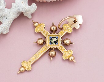 Antique Croix de Jeannette - 18 karat solid patina yellow gold cross pendant - enamel flower * US tariff incl *