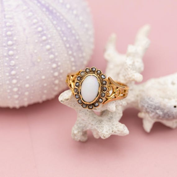 Antique 18 karat solid gold ring - Opal and pearl… - image 7