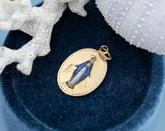 Antique 18K solid yellow Gold Virgin Mary Medal with enamel – Oval unique Talisman - Miraculous Medal - *US Tariffs Included in price*
