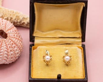 18K yellow gold pair of abstract, organic-shaped gold earrings with central pearl accents - *US Tariffs Included in price*
