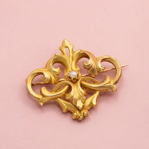 18k solid gold Victorian brooch - antique French jewellery (circa 1900) Napoleon III - Scrolls & pearl