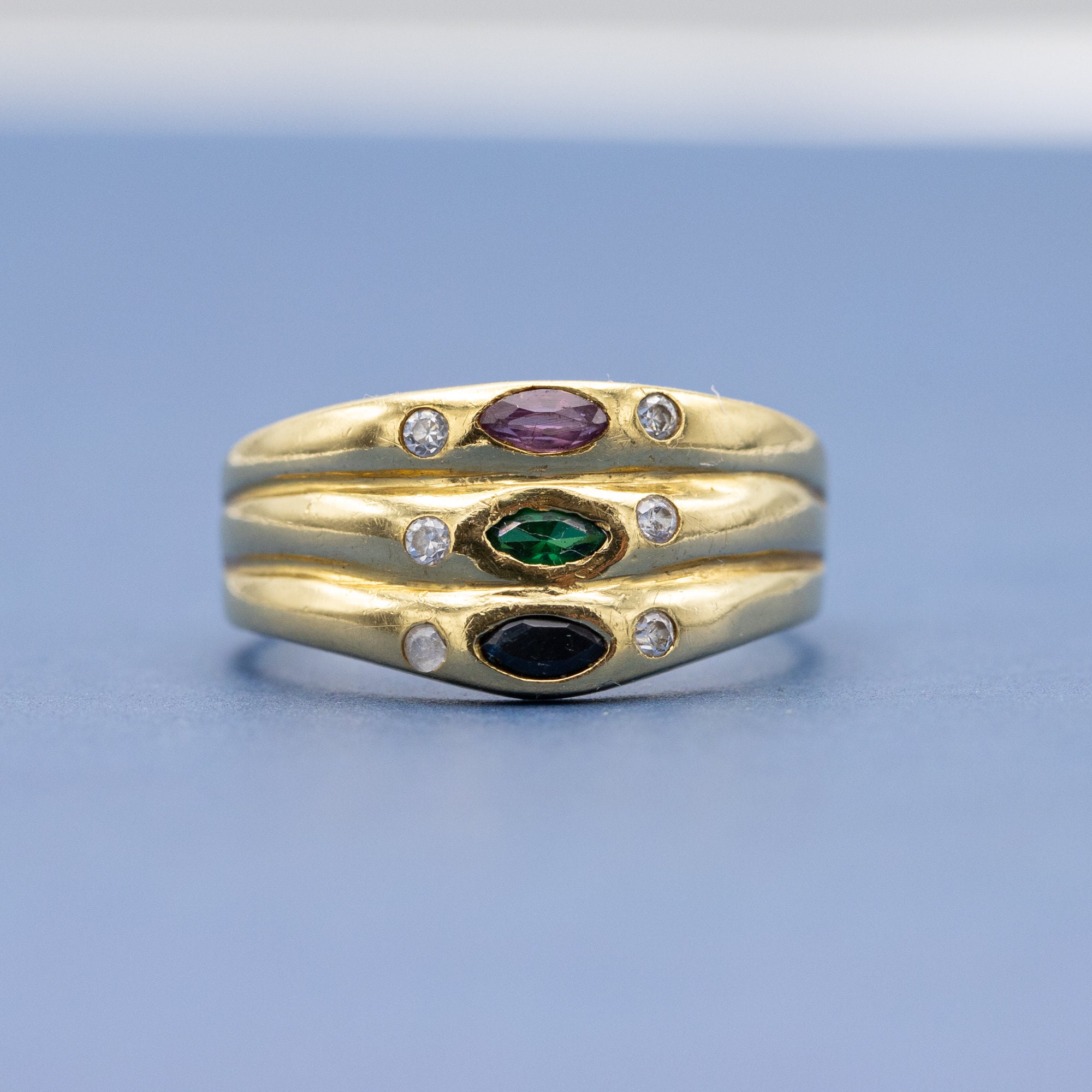 Bague Vintage Or 18 Carats Avec Saphir Et émeraude - Bijou Ancien