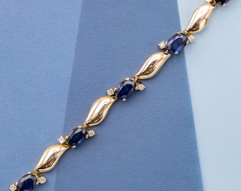 18k Vintage Sapphire & Diamond bracelet - Solid Gold - Tennis bracelet - 0,28 ct Brilliant cut diamonds - 13 grams - 16,2 cm inner size