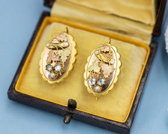 Antique 18k gold earrings - Dutch Victorian dormeuse sleepers - 1880-1890 - Floral flowers - 19th century jewelry - * US tariff incl *