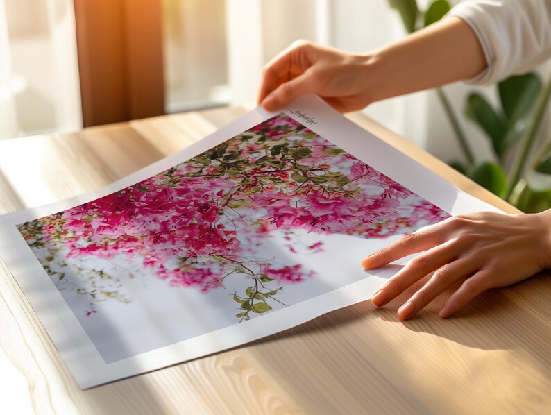 May include: A close-up of a printed photograph featuring a vibrant pink flower cluster with green leaves against a white background.