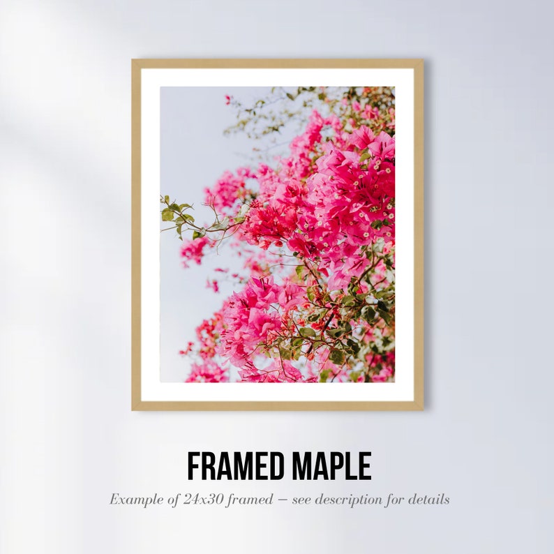 May include: A framed print of a close-up of pink bougainvillea flowers against a light blue sky. The frame is a light brown wood.