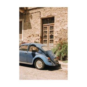 Vintage Blue Car Print Canvas Wall Art Car Enthusiast Gift Vintage Volkswagen Beetle Car Photo Print VW Beetle Car Lover Print Athens Greece