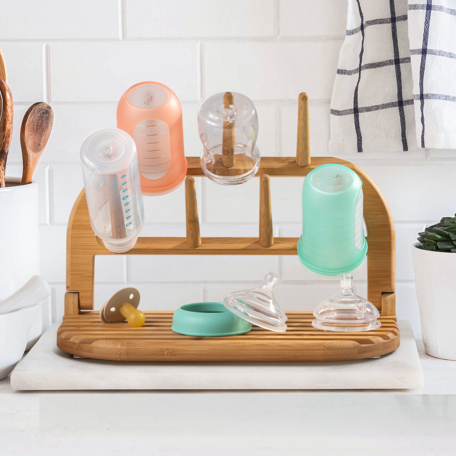 Bamboo Dish Drying Rack with Removable Flatware and Kitchen Knife