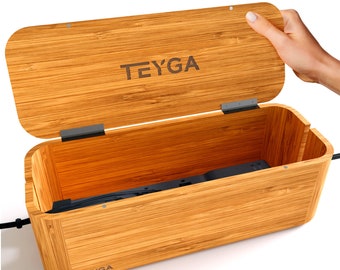 BamBox Premium by TEYGA - Indestructible Bamboo Cable Management Box - Stylish Cord Organizer Box and Cable Organizer Box, Wire Box (Small)