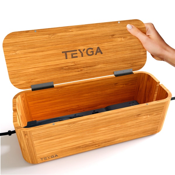 BamBox Premium by TEYGA - Indestructible Bamboo Cable Management Box - Stylish Cord Organizer Box and Cable Organizer Box, Wire Box (Small)