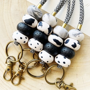 teacher lanyard / clay beaded lanyard / black + white colored lanyard / teacher handmade lanyard
