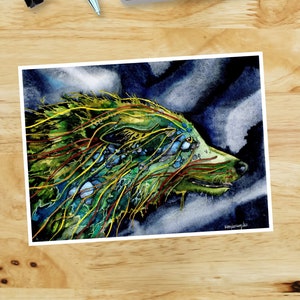 Wolf Card: &quot;Lurk&quot; Watercolor Painting of a mossy or underwater wolf, Wolf Greeting Card, Notecard, Card For Wolf Lovers, Wolfdog, Wolves