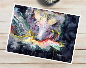 Biglietto D'Auguri Artistico Con Testa Di Lupo E Luna – 145x145 Mm – Carta Riciclata 350g