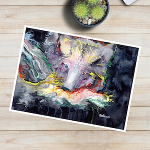 Carte de loup : aquarelle « Pas seul » d'un loup arc-en-ciel, carte de voeux de loup, carte de correspondance, carte pour les amoureux des loups, loups, chien-loup, chiens-loups