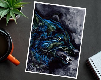 Watercolor Wolf Greeting Card: "Darkness" Fine Art Notecard