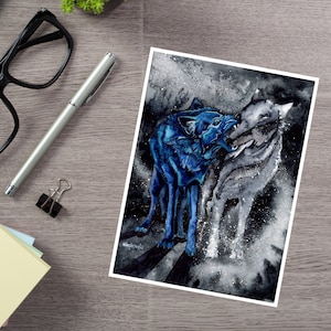 Carte de loup : « Adieu » aquarelle carte de voeux d'un loup qui grogne. Cadeau fait main, beaux-arts. Carte faite main pour les amateurs de loups.