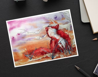 Carte Fox : « Itchy », carte de vœux aquarelle fantaisiste et mignonne de renard roux. Carte sur le thème des bois, faune, renards, carte de notes.