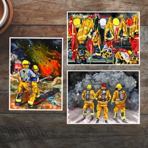 Feuerwehrmann-Geschenkset: 3er-Set Grußkarten mit Feuerwehrmännern und -frauen.