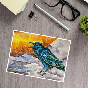 Carte Corbeau : « Changer » une aquarelle qui raconte l'histoire du corbeau qui s'est transformé en perroquet pour surmonter l'adversité, des corbeaux.