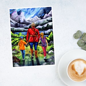 Carte de la GRC : Peinture à l'aquarelle « Blueberry Mountain » représentant une famille marchant vers les montagnes, originale donnée au gala de vente aux enchères caritatif de la NPFBF
