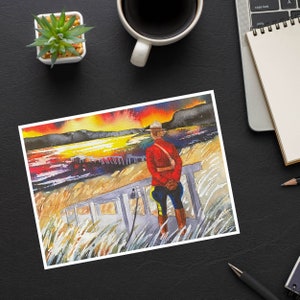 Rcmp Karte: ""On Guard For Thee"" Aquarell einer Frau, die auf einem Feld mit einem Sonnenuntergang steht." Abschlusskarte Polizistinnen.