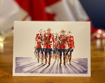 Rcmp card: "Graduation Day", Rcmp Officers Marching on Their Graduation Day from Depot, Congratulations Greeting Card, Retirement, Birthday.