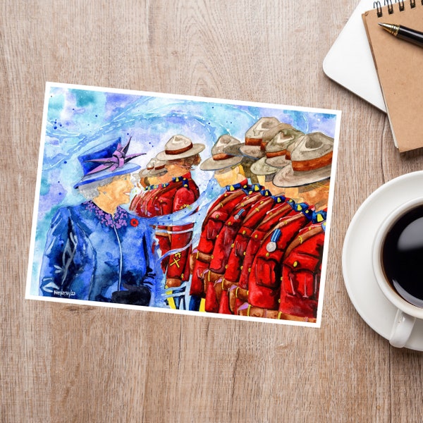 Rcmp Card: "Royal Farewell" Watercolor Painting of Queen Elizabeth II Saying Goodbye to RCMP Officers. Mounties, Monarchy, Canada