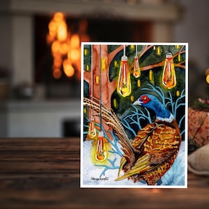 Cartes de Noël : carte de Noël aquarelle faisan de collier avec lumières de Noël. Vierge à l'intérieur, 5 x 7, carte pour chasseur, carte de Thanksgiving