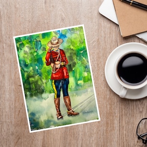 Carte de la GRC : Peinture à l'aquarelle « Red Serge Proud » représentant une policière. Carte de remise des diplômes, autonomisation des femmes, joyeux anniversaire, merci.