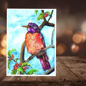 Cartes de Noël : lot de cartes de Noël aquarelle rouge-gorge et houx de Noël. Fait main, intérieur vierge, 5 x 7 po. Cartes de vœux, carte de voeux