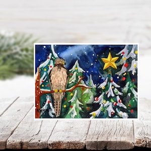 Cartes de Noël : Coopers Hawk avec étoile de sapin de Noël aquarelle, intérieur vierge, 5 x 7, paquet de cartes de Noël faites main, vacances