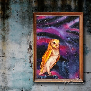 Owl Print: &quot;Stargazer&quot; Barn Owl in Northern Lights Watercolor Painting, Celestial Aurora Borealis, Northern Lights, Gift for Owl Lovers.