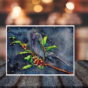 Cartes de Noël : oiseau moqueur sur une branche de houx aquarelle carte de Noël. Intérieur vierge, 5 x 7, paquet de cartes de Noël fait main. Jours fériés
