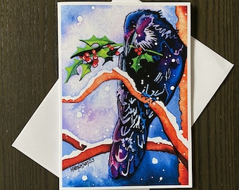 Christmas Cards: Raven/Crow With Holly Branch Watercolor Christmas Card Pack. Blank Inside, Christmas Card Set, Handmade Holiday Card. 5x7in