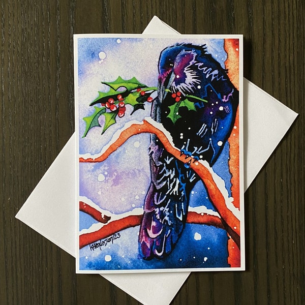 Christmas Cards: Raven/Crow With Holly Branch Watercolor Christmas Card Pack. Blank Inside, Christmas Card Set, Handmade Holiday Card. 5x7in