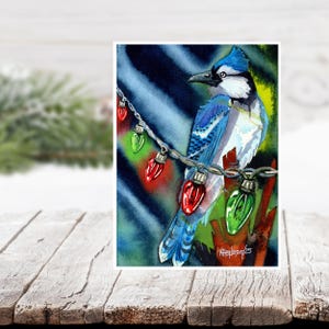 Tarjetas navideñas: Tarjeta navideña con acuarela de arrendajo azul con luces navideñas, interior en blanco, 5 x 7, paquete de tarjetas navideñas hechas a mano para amantes de las aves