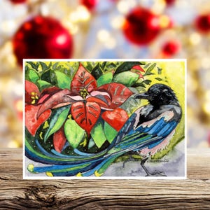Cartes de Noël : pie et poinsettias aquarelle paquet de cartes de Noël. Cartes de vœux vierges à l'intérieur, non confessionnelles et faites main. 5 x 7 pouces