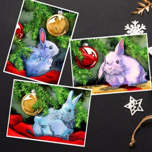 Lot mixte de cartes de Noël : lot de cartes de Noël aquarelles avec lapin, intérieur vierge, lot de cartes de Noël, lot de cartes de vœux, lapins, lapins, lièvre
