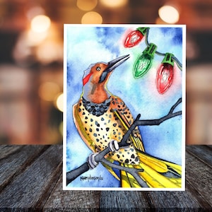 Biglietti di Natale: Picchio e luci di Natale Confezione di biglietti di Natale ad acquerello. Interno vuoto, fatto a mano, 5x7", set di biglietti di Natale, Flicker