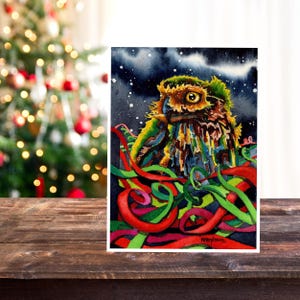 Cartes de Noël : hibou et rubans de Noël, lot de cartes de Noël aquarelles, intérieur vierge, 5 x 7 po. Carte de Noël, carte de Noël hibou, hiboux.