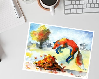 Carte aquarelle renard : feuilles d'automne, carte vierge pour toutes les occasions