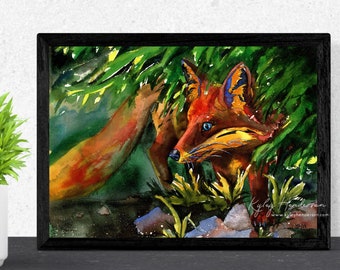 Fox Print: "Copper's Companion" Hiding Spirit Fox Watercolor Painting, Folklore Forest Spirit Fox & Dark Fable Art, Moody Fox Wall Decor.