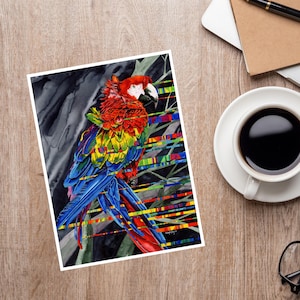 Carte perroquet ara rouge : carte de voeux aquarelle d'un perroquet. Birb, Birbs, Perroquets, Mexique, Amateurs d'oiseaux, propriétaires d'oiseaux et aras. Rembobinage
