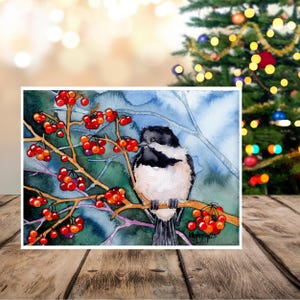 Cartes de Noël : petite mésange dans un petit fruit aquarelle. Intérieur vierge, 5 x 7, paquet de cartes de Noël fait main. Jours fériés