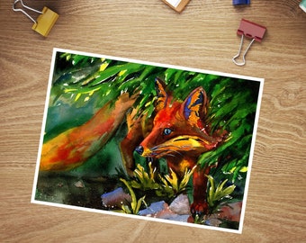 Fox Card: "Coppers Companion", Mysterious Fey Hidden Fox Watercolor Greeting Card. Woodland Themed Card, Wildlife, Foxes, Whimsical, Moody